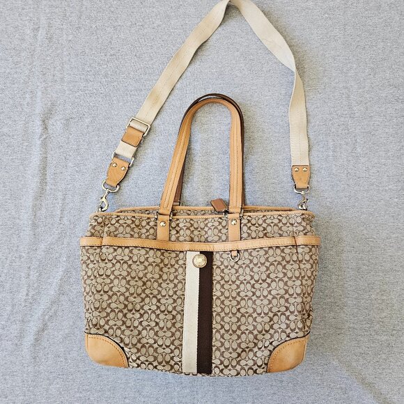 COACH Signature & Leather Messenger Bag 2-Way Travel Business Computer Authentic - Picture 1 of 9